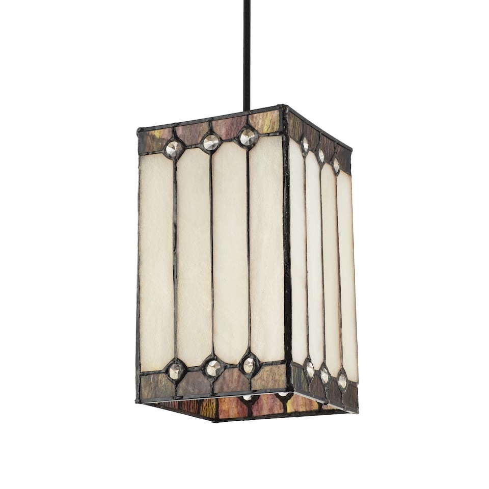 image 1 of Square Lantern Opal White Stained Glass Tiffany Pendant Shade with Clear Beads | White