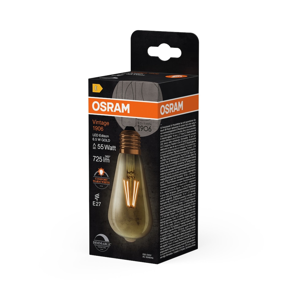 image 1 of Osram Vintage 1906 Edison 55 Filament DIM Lamp 6.5W 824 Gold E27 4 Pack