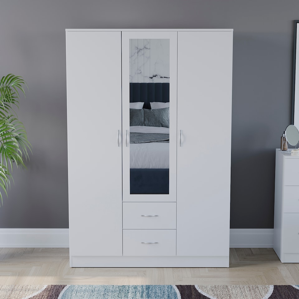 image 1 of Vida Designs Riano 3 Door 2 Drawer Mirrored Wardrobe With Shelf & Clothes Rail, White