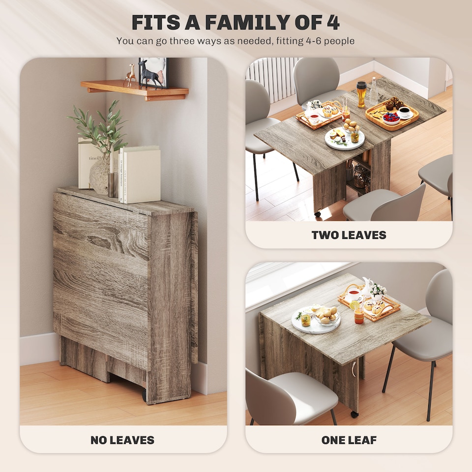 image 1 of HOMCOM Folding Dining Table, Drop Leaf Table with 2-Tier Shelves, Rolling Casters, for Small Spaces, Kitchen, Grey