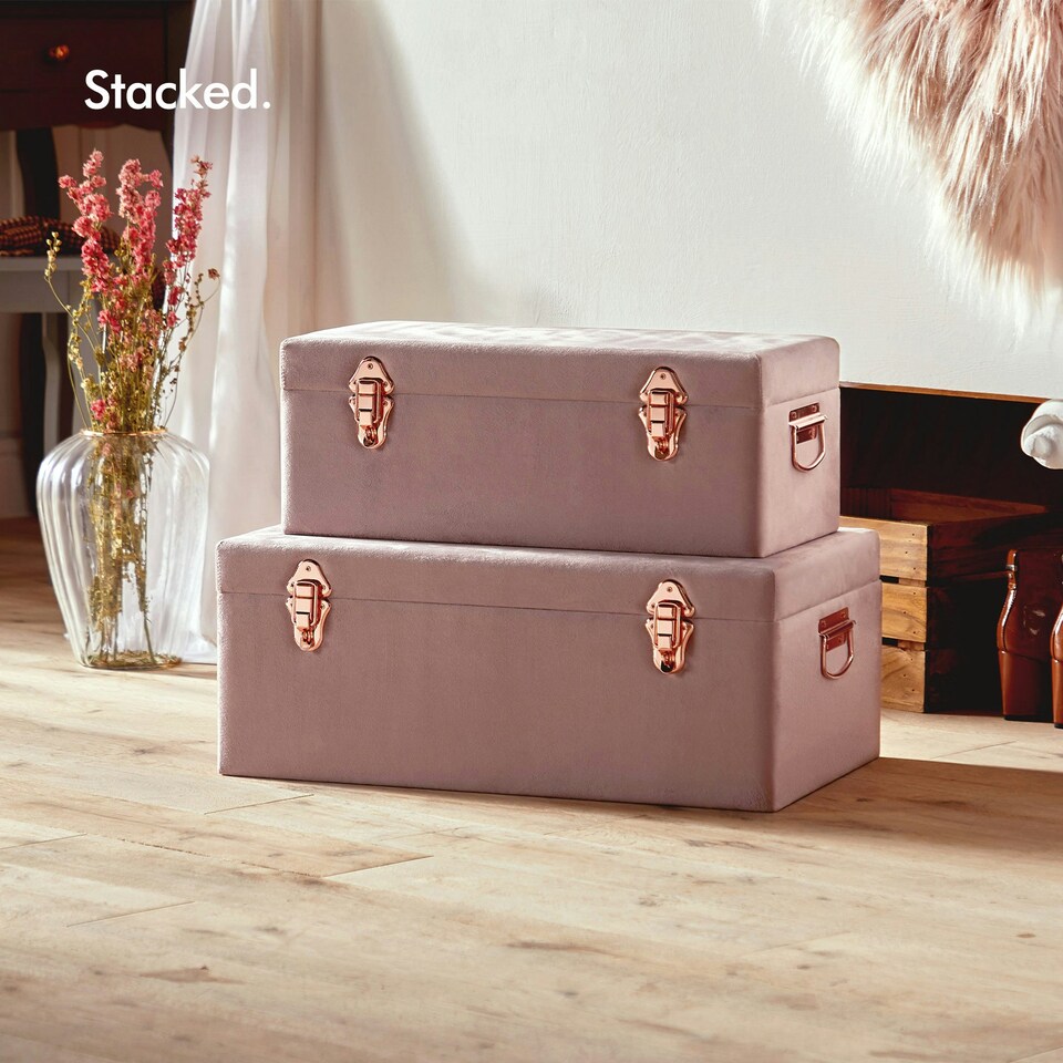 image 1 of BTFY Set of 2 Pink Velvet Storage Trunks, Rose Gold Hardware