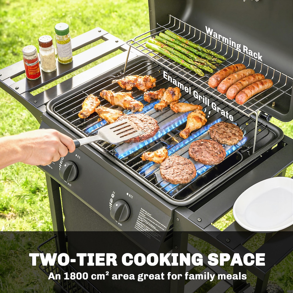 image 1 of Outsunny Gas Burner Barbecue Grill, Garden BBQ Grill with Warming Rack | Black | Black | 99 x 56 x 95 cm