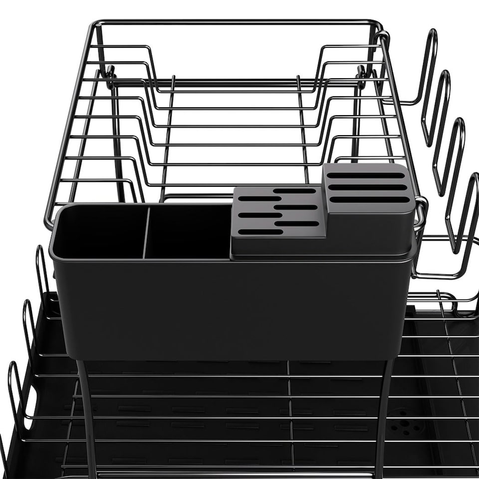 image 1 of Toque Expandable Dish Drainer Rack 2 Tier Cutlery Plate Holder with Drip Tray | Black