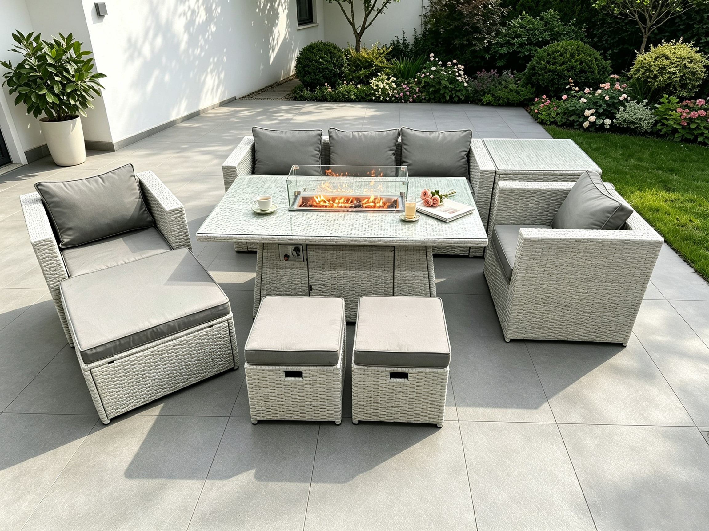 Fimous Outdoor Garden Dining Sets Rattan Furniture Gas Fire Pit Dining Table With 2 Armchairs Side Table 3 Footstools Light Grey