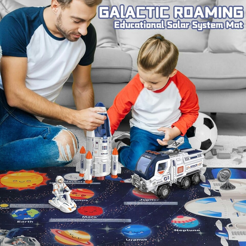 image 1 of Creative Space Adventure Toys for Kids Space Shuttle Rocket Set with Astronauts Rover Satellite and Solar System Mat