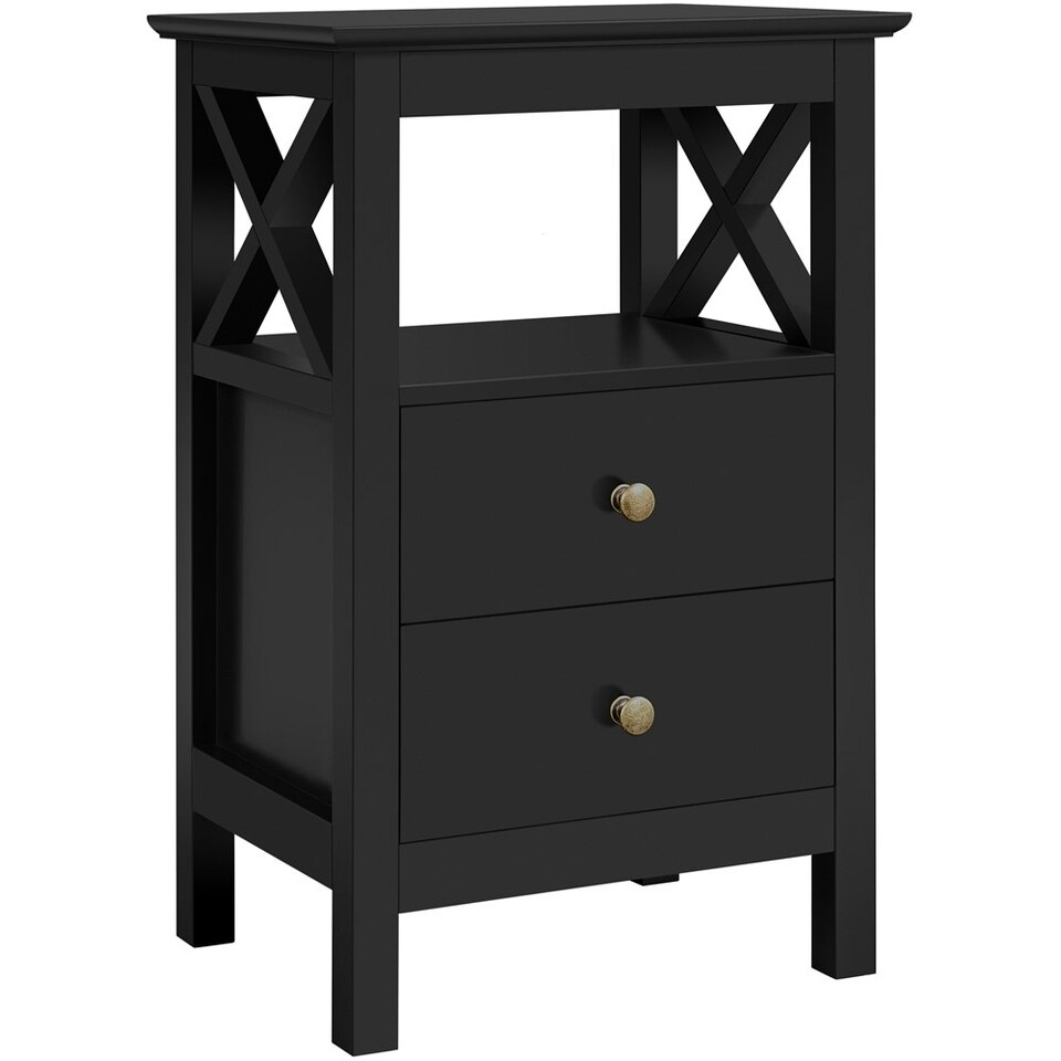 image 1 of Yaheetech Farmhouse Bedside Table with 2 Drawer 1 Shelf Black