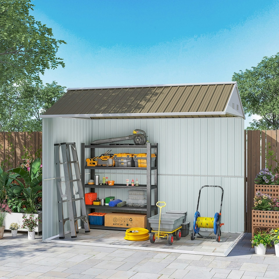 image 1 of Outsunny 8x6ft Metal Garden Shed Outdoor Storage Shed w/ Doors Window, Grey