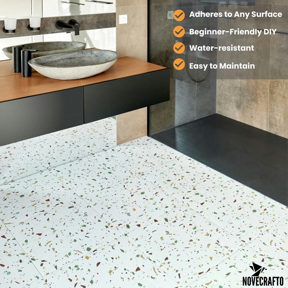 image 1 of NOVECRAFTO Vinyl Floor Tiles Self Adhesive – 18x18in Peel and Stick Large Square Flooring for Kitchen, Bathroom & Living Room – White Grey Terrazzo Effect White | 6.27 sqm