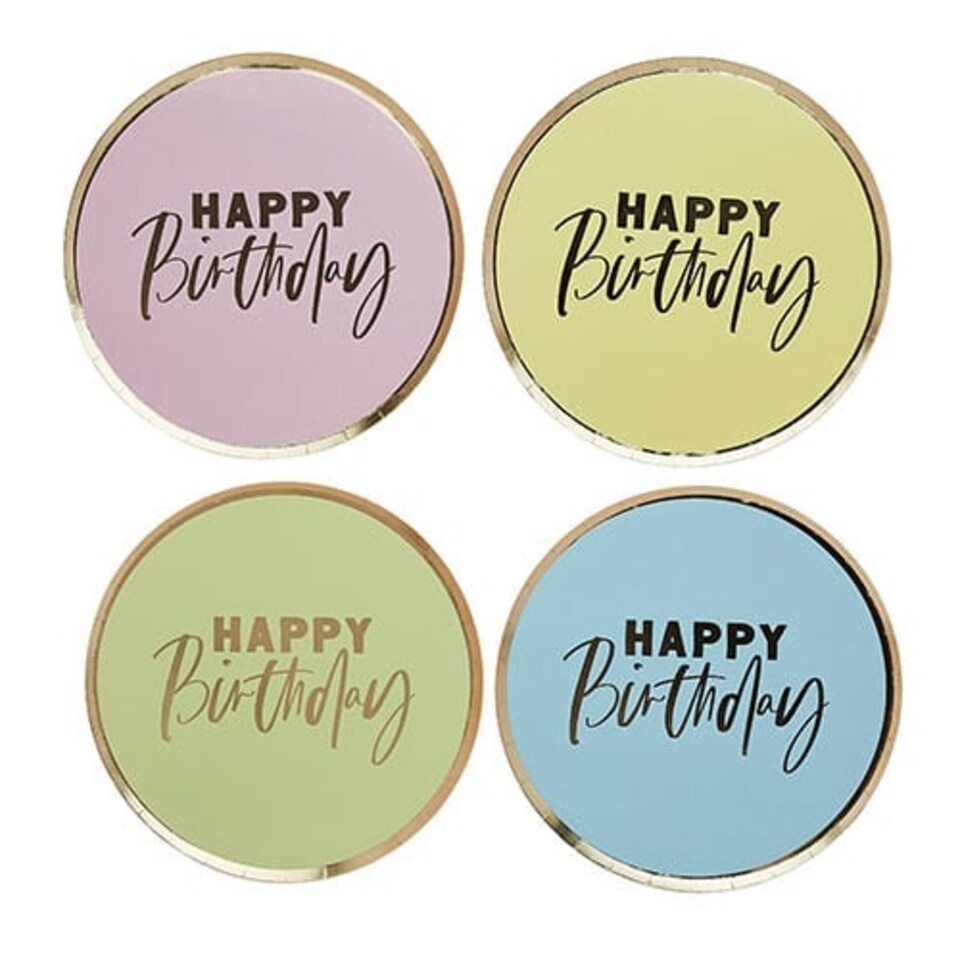 image 1 of Assorted Pastel Colour with Gold Foil Happy Birthday Round Paper Plates 23cm - Pack of 8 Gold