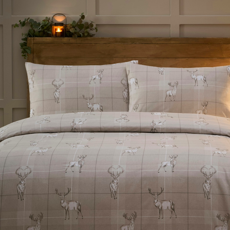 image 1 of Martex Check Stag Brushed Cotton Duvet Cover Set Natural Double Brown | Natural | Double