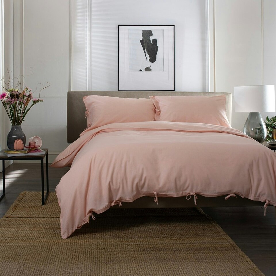 image 1 of 100% Washed Cotton Duvet Cover Set – Soft, Breathable & Textured with Tie Fastening Pink | Pink | King