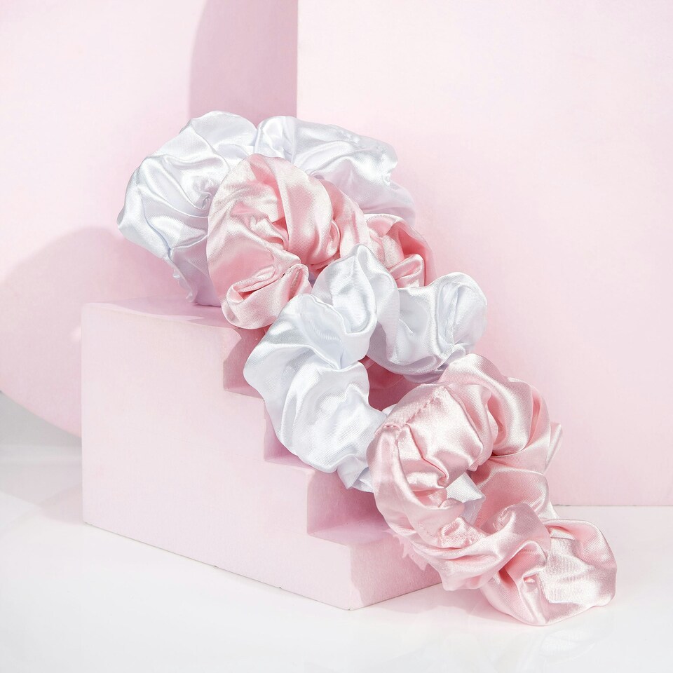 image 1 of Brushworks Pink & White Satin Scrunchies (Pack of 4)