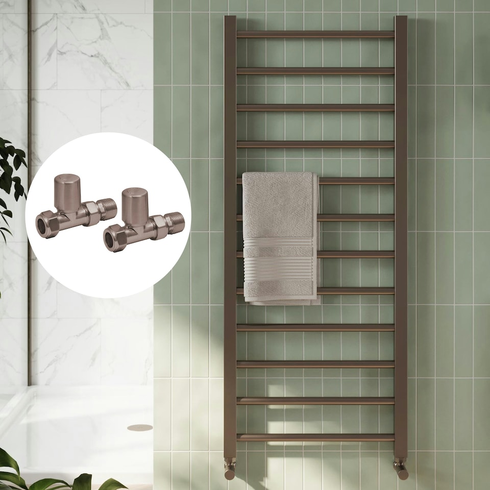 image 1 of Brushed Bronze 1600 x 500mm Heated Bathroom Towel Rail Warmer Ladder Radiator with Straight Manual Valves Pair