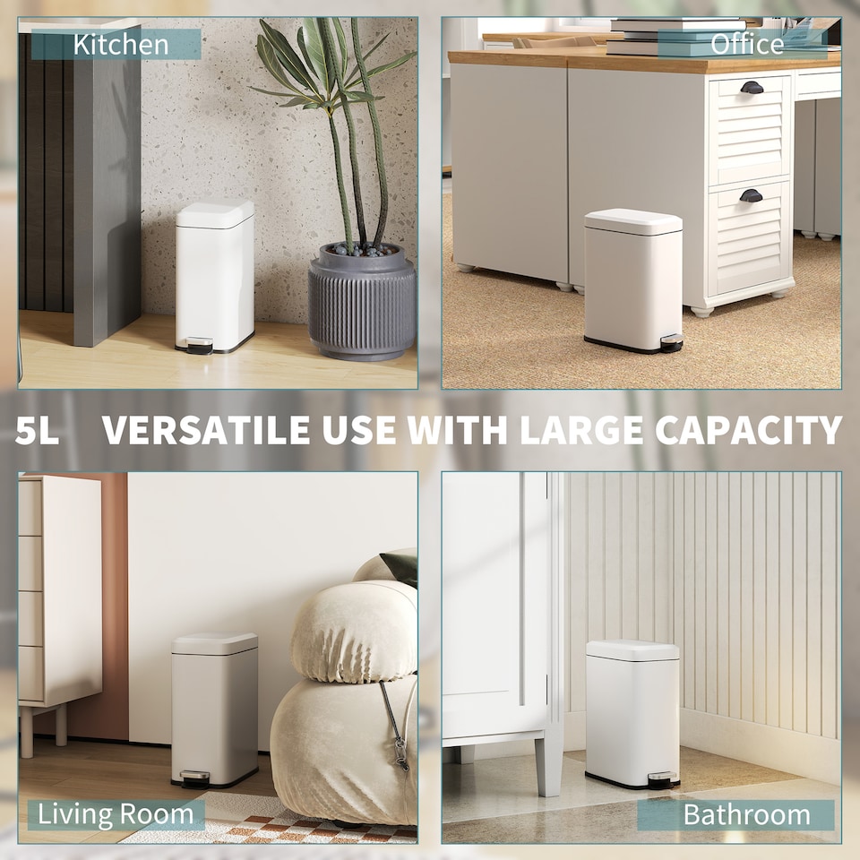 image 1 of HOMCOM 5L Rectangular Compact Bin Steel Body Removable Bucket Quiet-Close Lid w Pedal Lid Rubbish Trash Can Home Office Bedroom Bathroom Living Room Garbage Tidy Clean White | White | 1