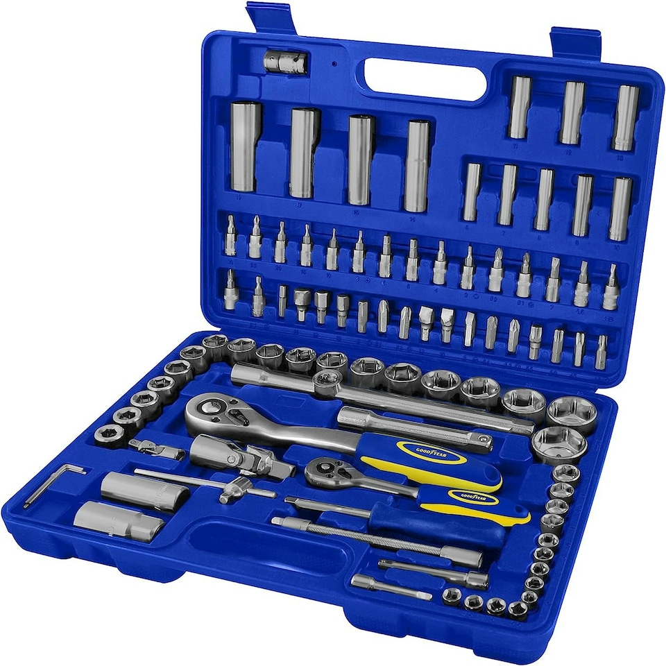 image 1 of Goodyear 94PC 1/2" 1/4" Socket Set & Screwdriver Bit Torx Ratchet Case Tool Kit