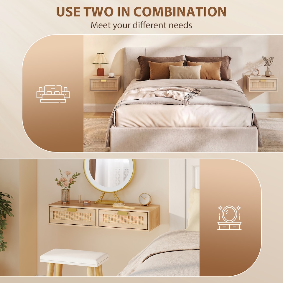 image 1 of HOMCOM Floating Bedside Tables Set of 2, Boho Nightstands with Rattan Drawer | Brown | Oak | 40 x 30 x 15 cm