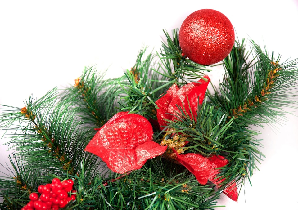 image 1 of Best Artificial Christmas 6ft Red Decorated Garland with 50 warm white battery lights