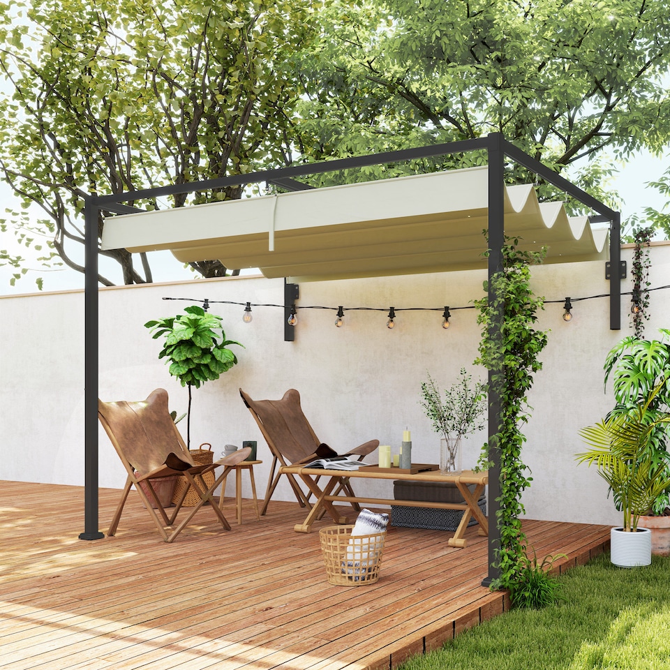 image 1 of Outsunny 2 x 3(m) Lean To Pergola with Retractable Roof, Wall Mounted Garden Gazebo Outdoor Sun Shade Shelter for Patio, Khaki