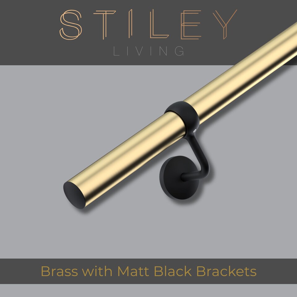 image 1 of Stiley Living 2.4m Brass & Matt Black Wall-Mounted Stair Handrail Kit, Brackets & Fixings