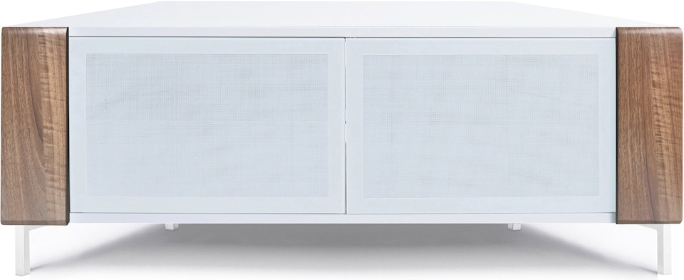 image 1 of MDA Designs CORVUS Corner-Friendly Gloss White Contemporary Cabinet with Walnut Profiles White BeamThru Glass Doors Suitable for Flat Screen TVs up to 50" | Multi | 1