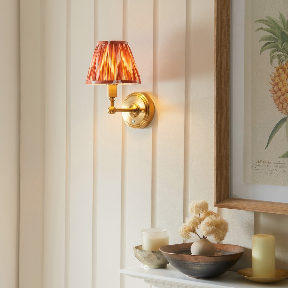 image 1 of Burley Rechargeable Brushed Aged Brass Plate Wall Light with Apricot Orange Fabric Zigzag Shade 16cm Integrated LED
