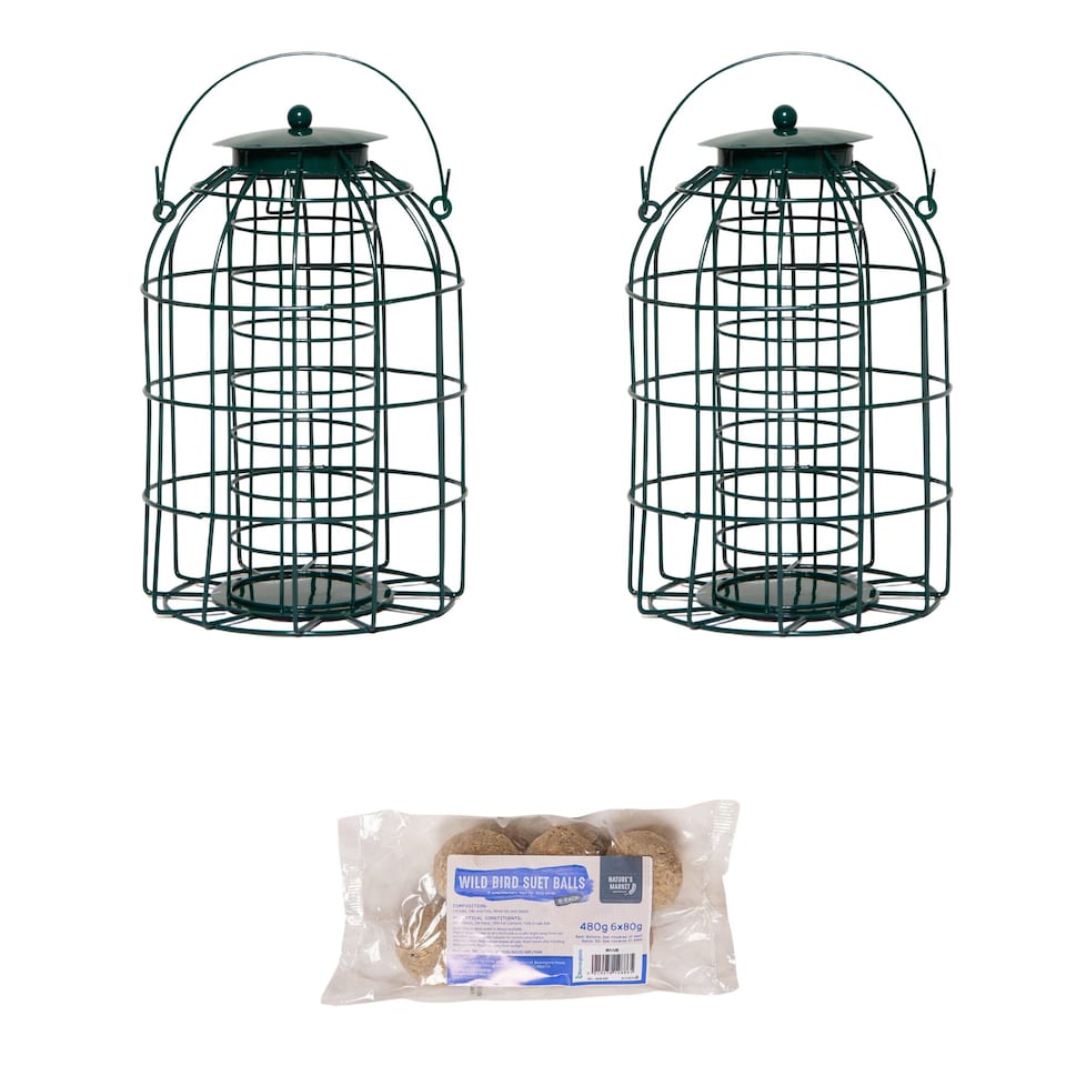 image 1 of Pack of 2 Samuel Alexander Metal Hanging Bird Fat Ball Feeder with Squirrel Guard & Pack of 6 Suet Fat Balls