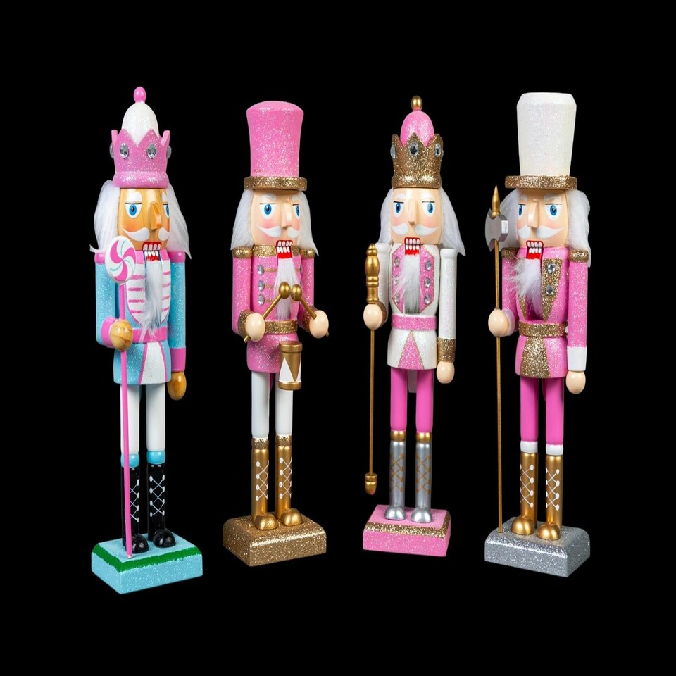 image 1 of 25cm Pink Wooden Nutcrackers Soldiers King Drummer Christmas Ornament 4pcs Set