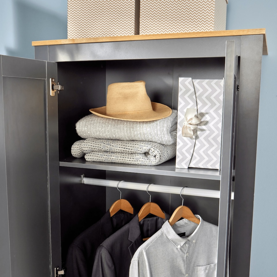 image 1 of Wardrobe 2 Door Bedroom Furniture Clothing Storage Oak Top Wooden Unit Grey