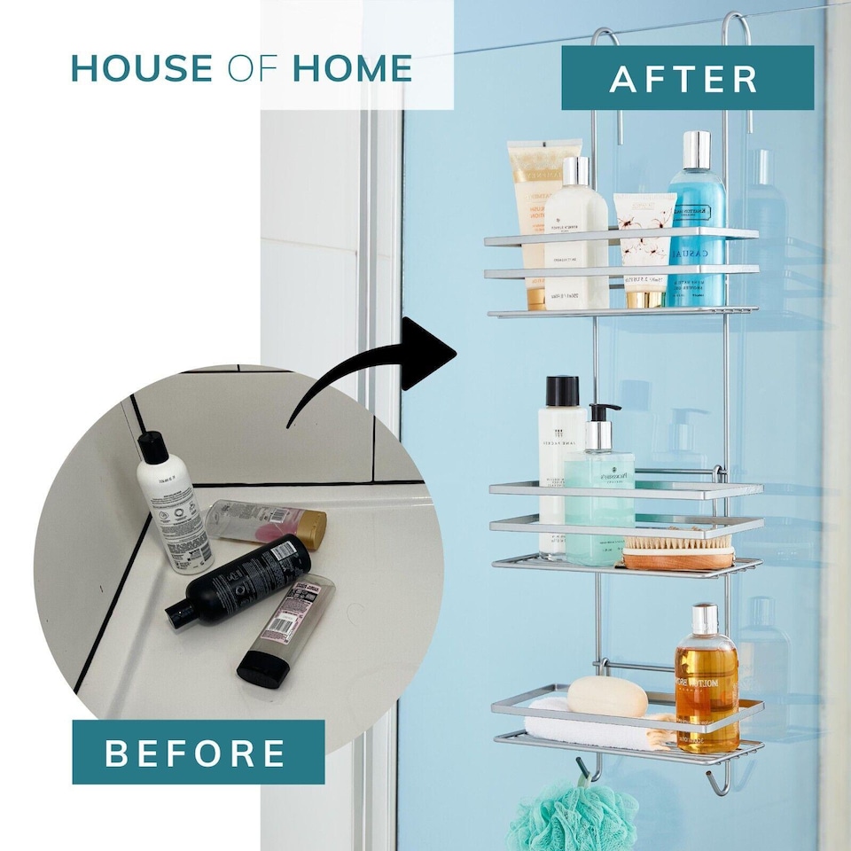 image 1 of House of Home Shower Caddy 3 Tier Bathroom Storage Organiser Over The Door Silver | Silver