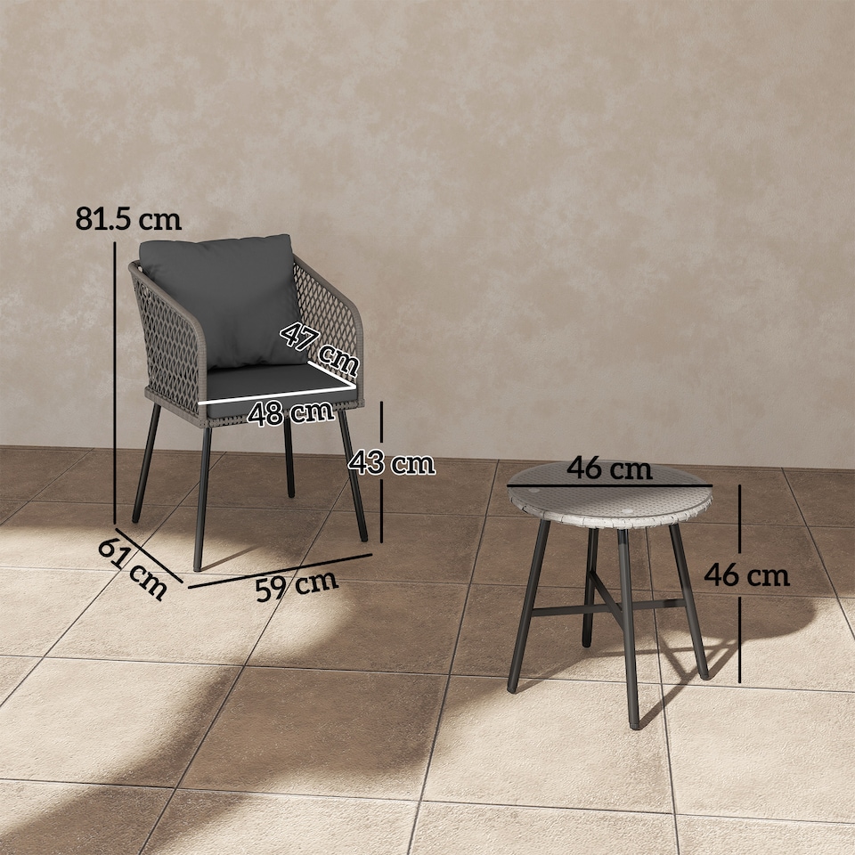 image 1 of Outsunny 3 Piece Rattan Bistro Set, Patio Wicker Conversation Furniture Set with 2 Chairs, Tempered Glass Table, Cushions, Adjustable Foot Pads, for Garden, Balcony, Grey