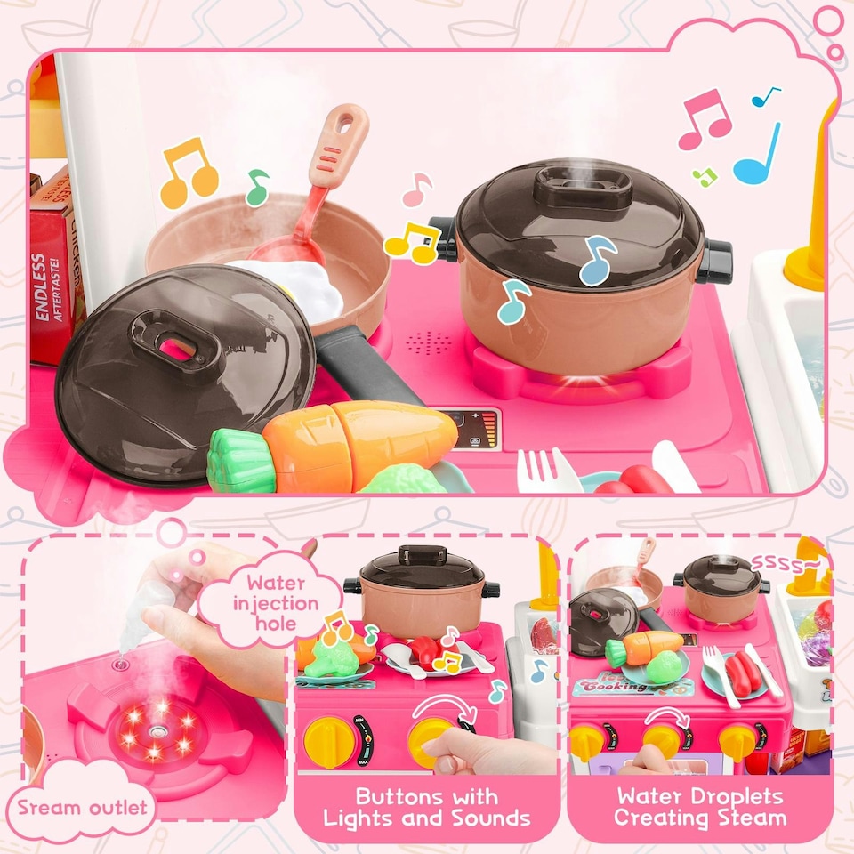 image 1 of Large Kitchen Playset for Kids (Pink) - Pretend Cooking Toy Gift for Boys & Girls