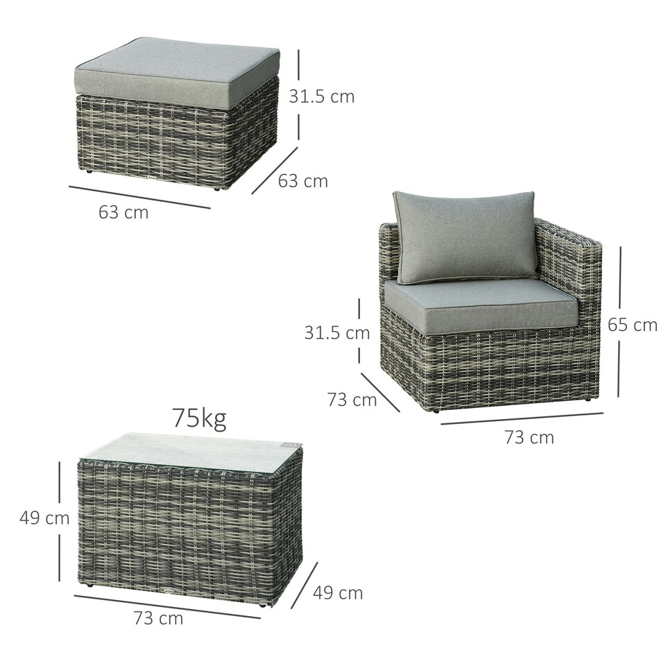 image 1 of Outsunny 5 Pcs Rattan Garden Furniture Set Single Sofa Stool Coffee Table Grey