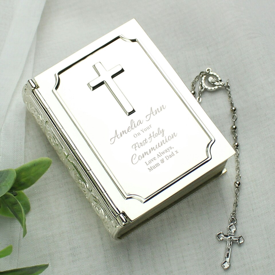 image 1 of Personalised First Holy Communion Bible Trinket Box with Rosary Beads