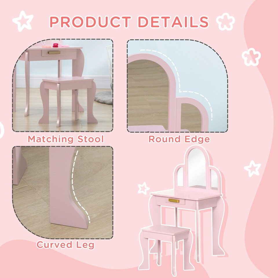image 1 of HOMCOM Kids Dressing Table Set Kids Vanity Set w/ Drawer, Mirror - Pink