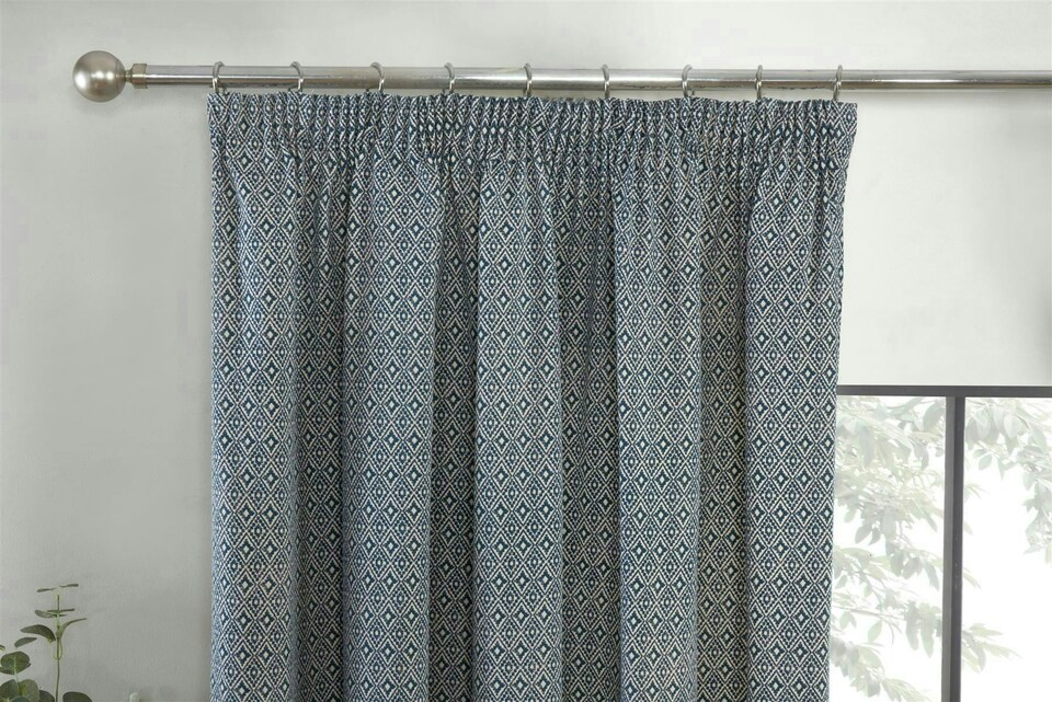 image 1 of Aztec Pencil Pleat Curtain Pair - Blue - 117cm x 183cm