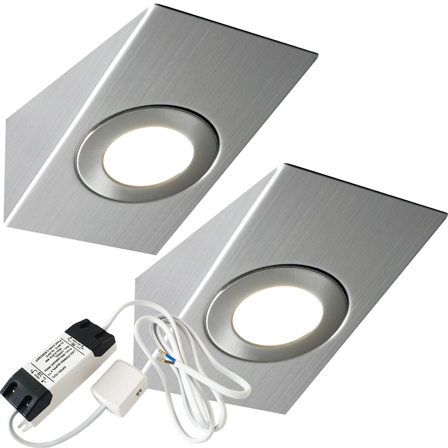 Loops 2x BRUSHED NICKEL Wedge Surface Under Cabinet Kitchen Light & Driver Kit - Warm White LED in Metallics
