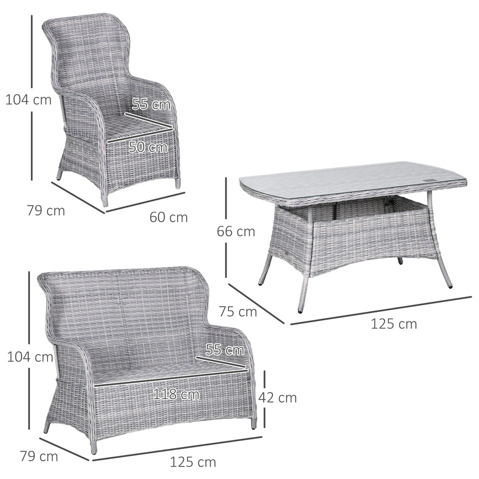image 1 of Outsunny 4 PCs Outdoor Rattan Sofa Set, Wicker Sectional Sofa Set Mixed Grey