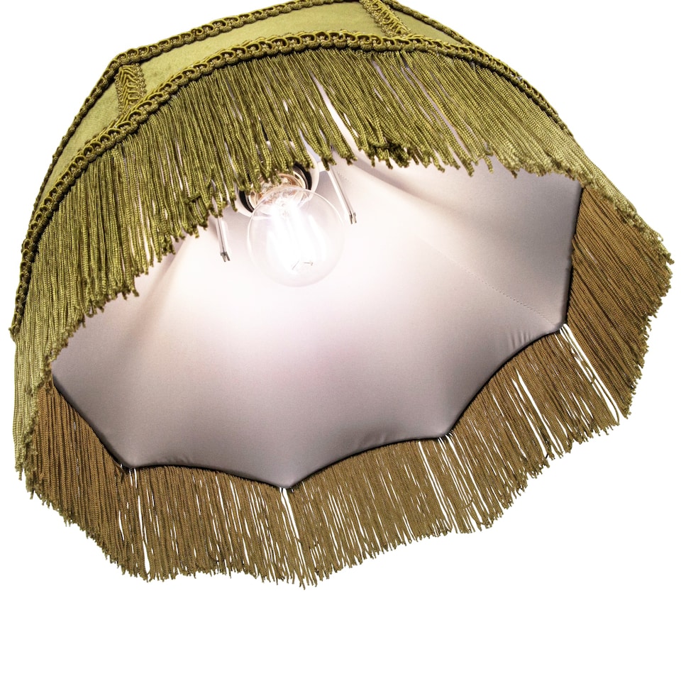 image 1 of Traditional Victorian Empire Lamp Shade in Olive Green Velvet with Long Tassels | Green | 12"