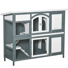 PawHut Rabbit Hutch, Guinea Pig Hutch 2-Tier Wooden Cage w/ Ramp Roof, Grey