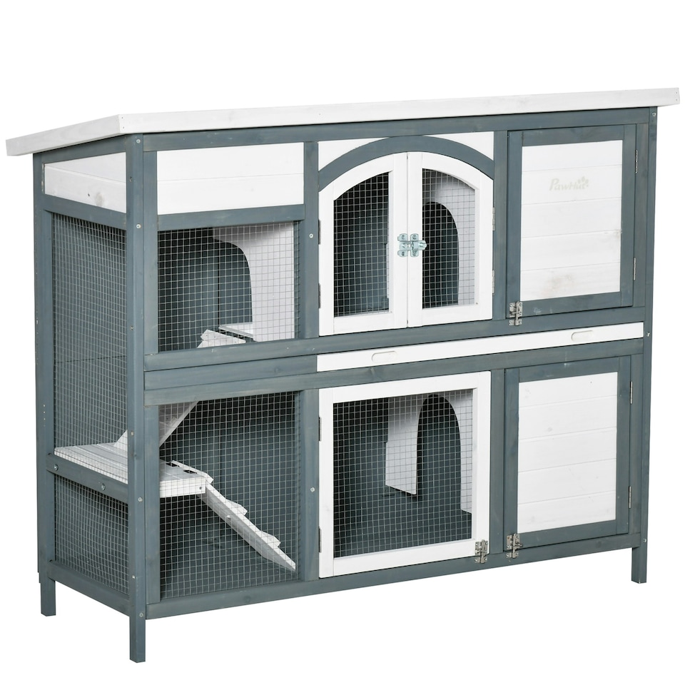 image 1 of PawHut Rabbit Hutch, Guinea Pig Hutch 2-Tier Wooden Cage w/ Ramp Roof, Grey