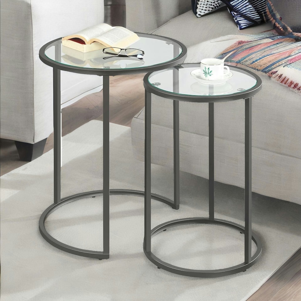image 1 of Set Of 2 Round Nesting Coffee Tables With Tempered Glass Top Black Black