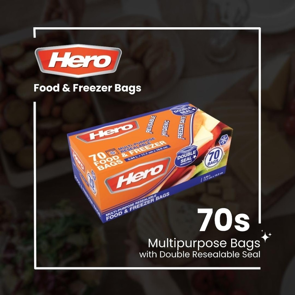 image 1 of Hero 70 Medium 1L Resealable Freezer Bags – Reusable Ziplock Food Storage Bags with Write-On Label – BPA Free Sandwich & Freezer Bags