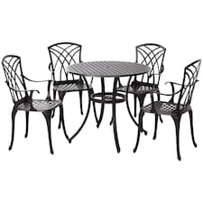 Outsunny 5 Pieces Garden Dining Set for 4, Cast Aluminium Outdoor Dining Set with 4 Armchairs and Round Dining Table with Parasol Hole, Garden Furniture Set, Brown