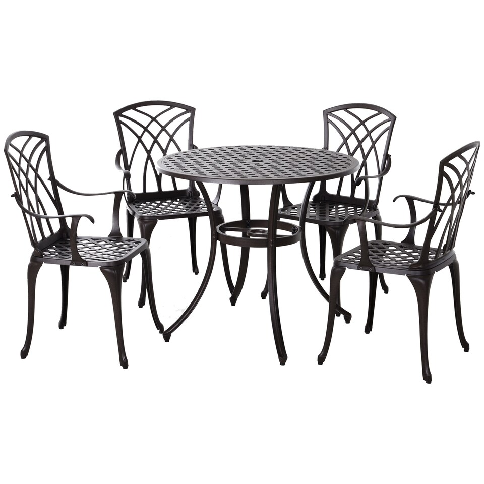 image 1 of Outsunny 5 Pieces Garden Dining Set for 4, Cast Aluminium Outdoor Dining Set with 4 Armchairs and Round Dining Table with Parasol Hole, Garden Furniture Set, Brown