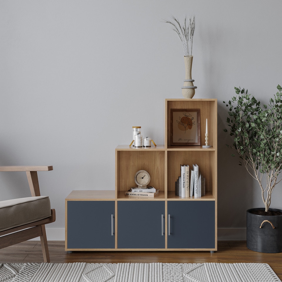 image 1 of 6-Cube Step Shelving Unit With Metal Handle Doors | Brown | Oak & Grey | 1