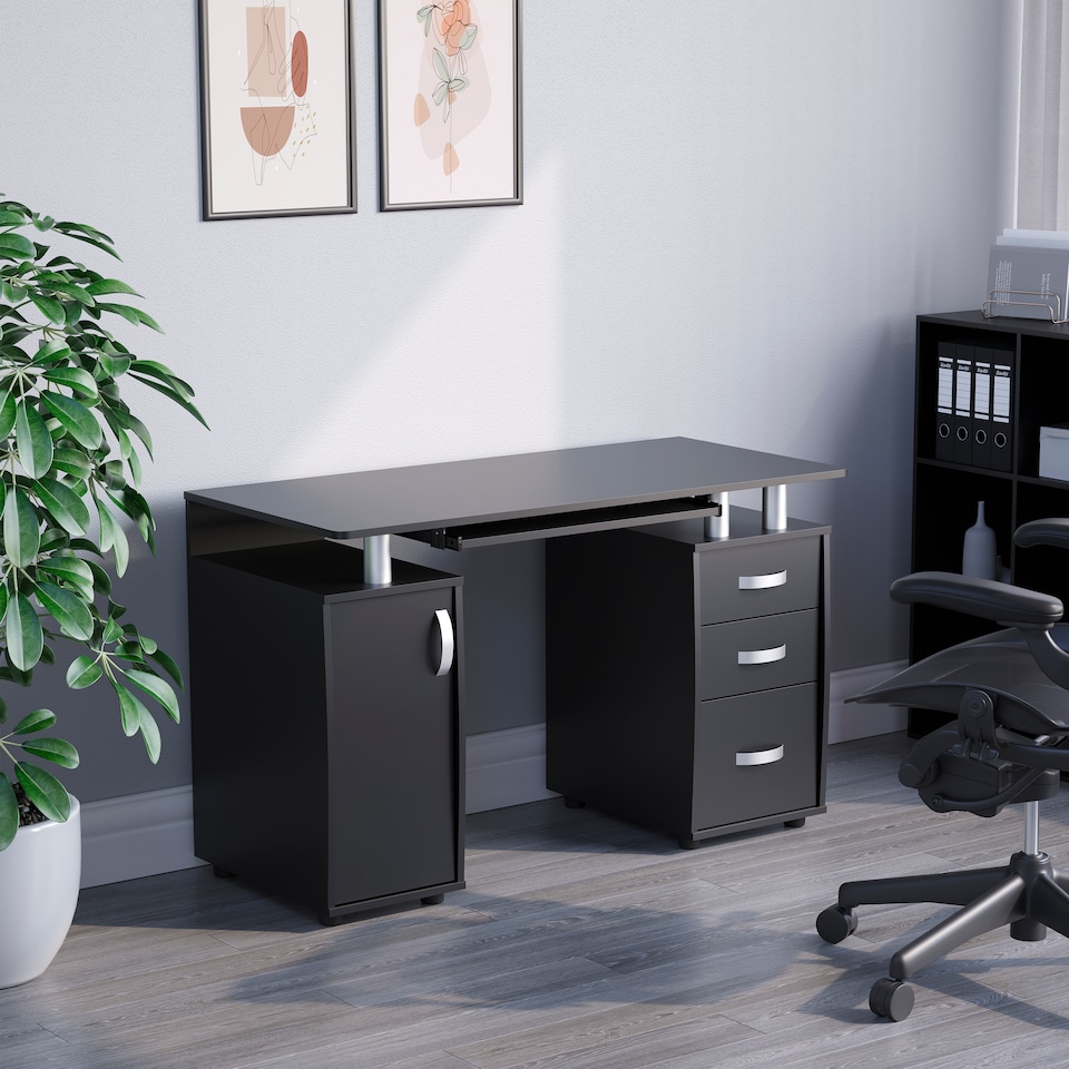image 1 of Vida Designs Otley 3 Drawer Computer Desk Home Office Workstation, Black
