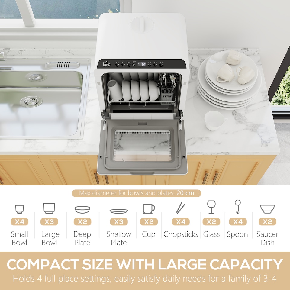 image 1 of HOMCOM Countertop Dishwasher with Dual Water Supply and 6 Programs, White