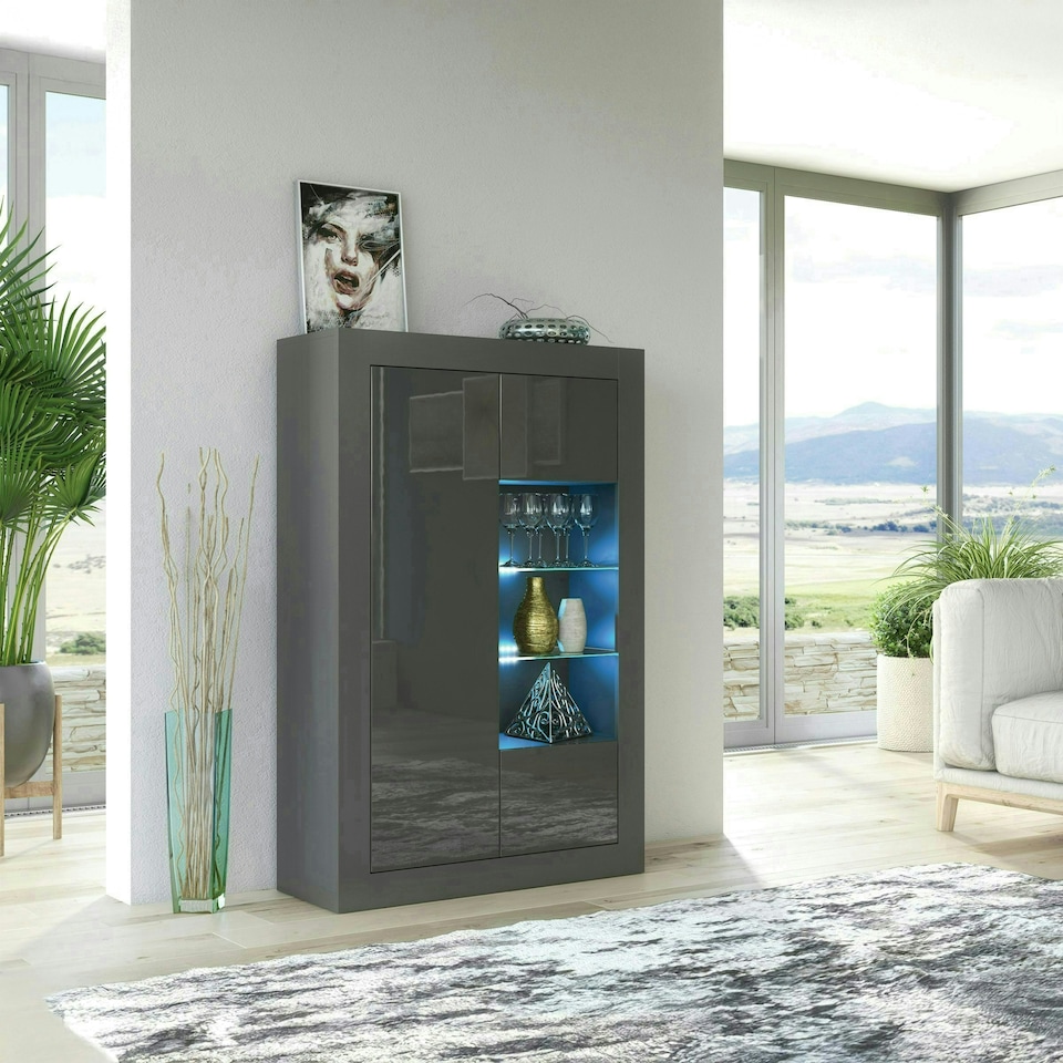 image 1 of Display Cabinet 93cm Grey Gloss Doors Dark Matt Body Free LED | Grey