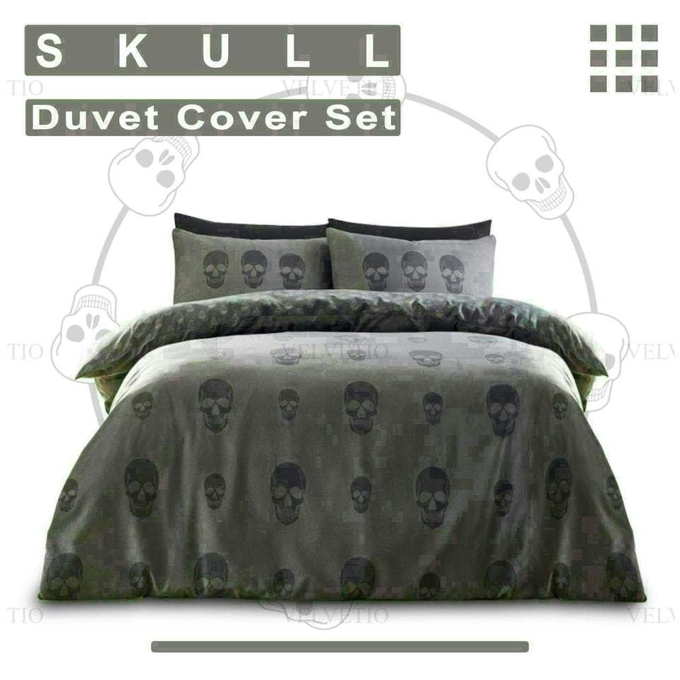 image 1 of Skull Charcoal Printed Duvet Cover Set Reversible Polycotton Beddings Grey | King