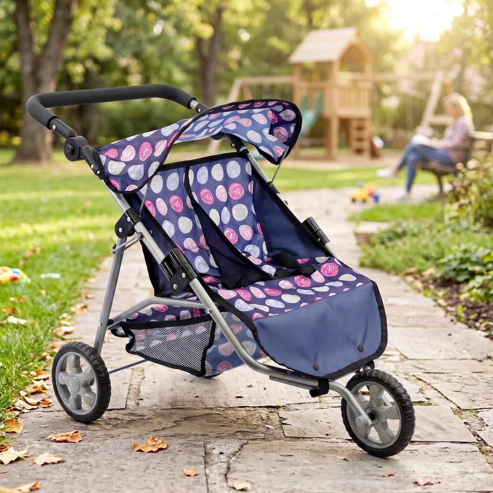 image 1 of BiBi Doll 3 Wheeler Twin Dolls Blue Pushchair Toy with Canopy & Basket For Up To 20" Dolls